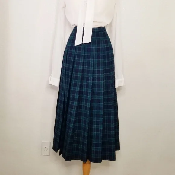VINTAGE PENDLETON MIDI PLAID BLUE GREEN PLEATED SK